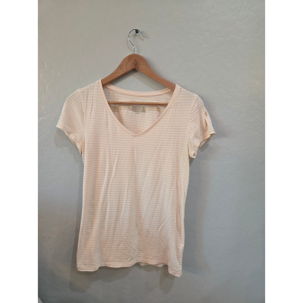 Ann Taylor Womens Small Peach Striped V-Neck Short Sleeve Cotton Modal Tee Shirt